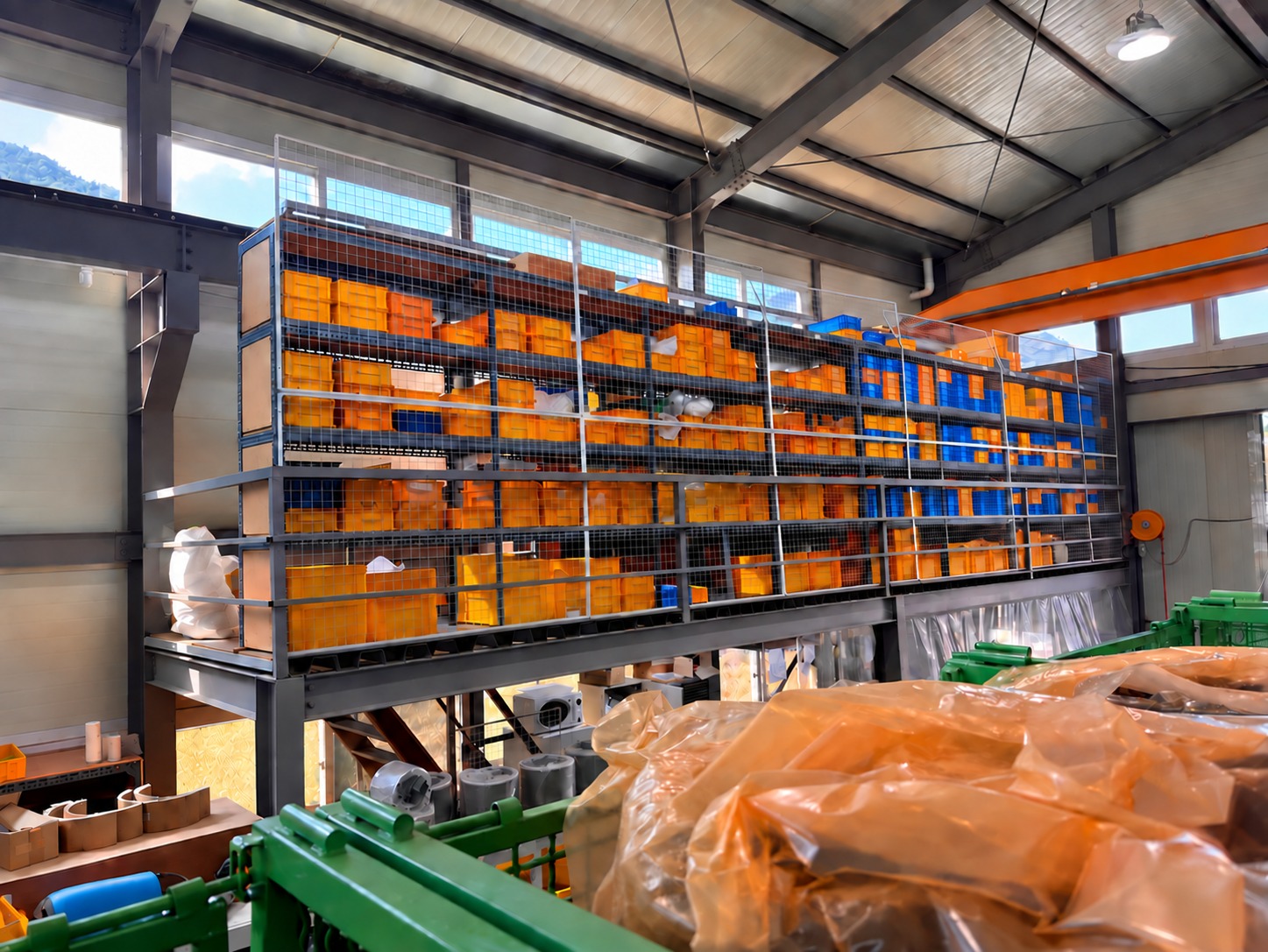 High racks holding bins of stored engine components