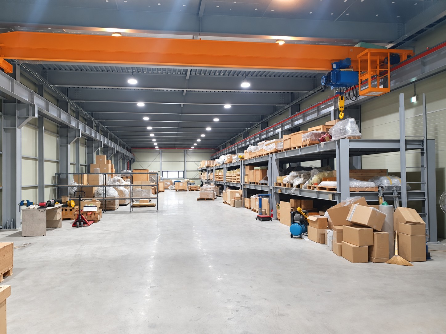 Wide warehouse view with racks and overhead handling crane